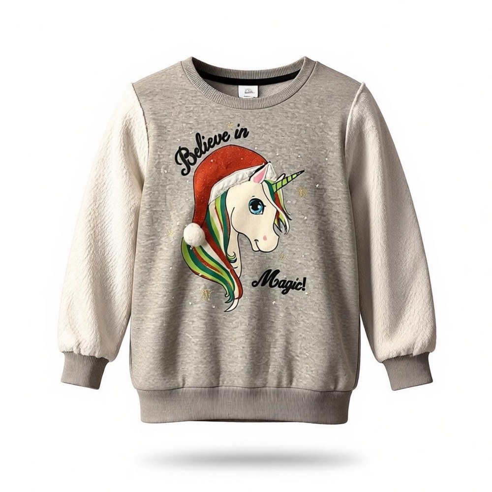 Girls Holiday Unicorn Fuzzy-Sleeve Sweatshirt - Gray - Size 8